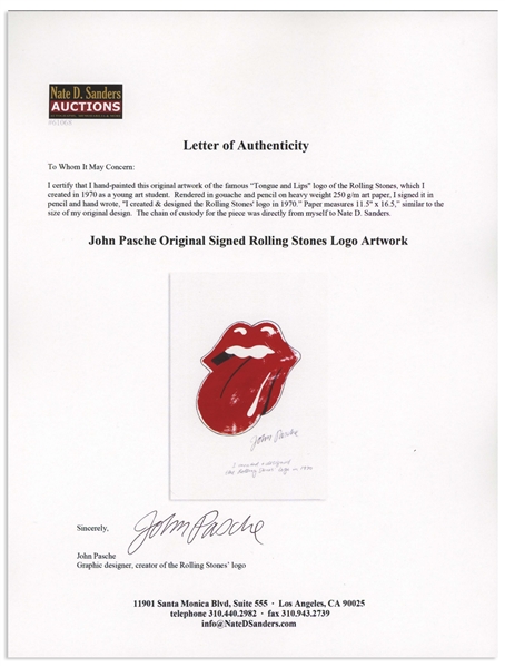 Original Artwork of the Famous Rolling Stones' ''Tongue and Lips'' Logo, Drawn by Its Creator John Pasche -- Measures 11.5'' x 16.5''